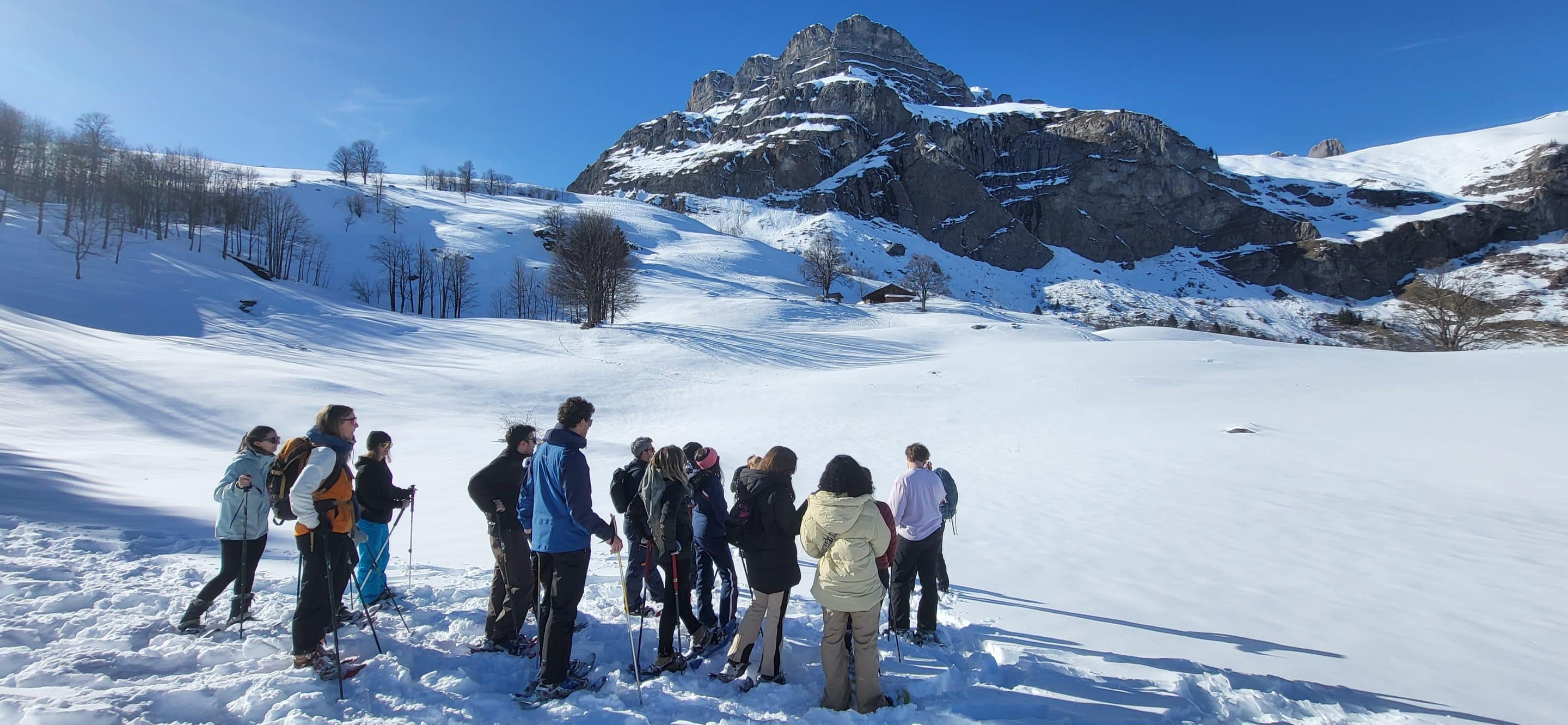 Corporate group briefed by a guide before a snowshoe team building outing in the Alps