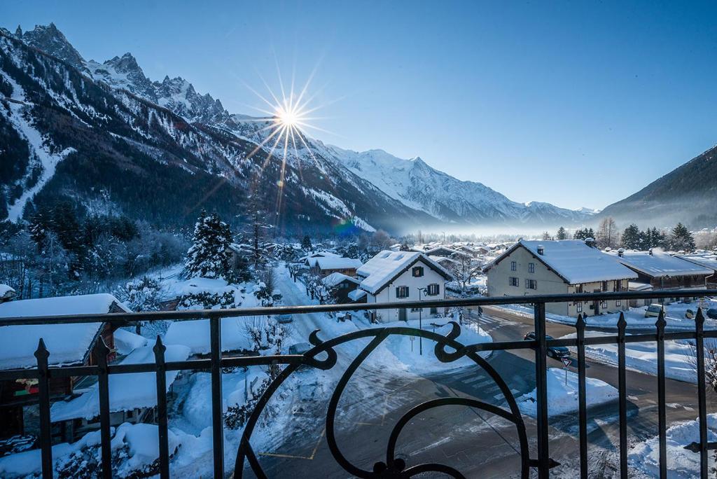 The Chamonix valley under snow, facing the Aiguilles